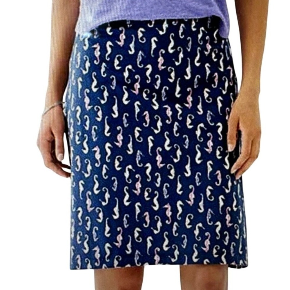 J. Jill Seahorse Print‎ Skirt Navy Pink Purple Peach Medium Knit Pockets Stretch